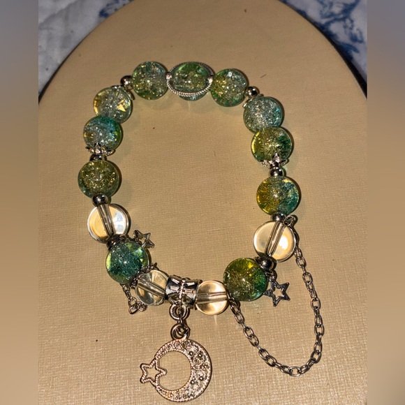 Jewelry - Elegant Green and Yellow Beaded Bracelet with Moon Charm